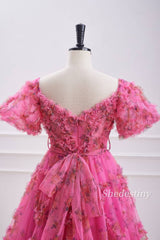 Fuchsia Floral Print A-Line Homecoming Dress with Ruffle