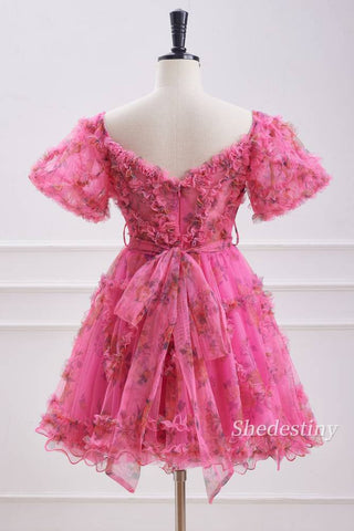 back of Fuchsia Floral Print A-Line Homecoming Dress with Ruffle