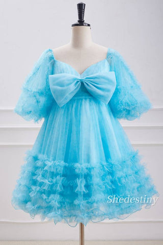 Puff Sleeves A-Line Ruffle Ice Blue Homecoming Dress 