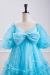 Puff Sleeves A-Line Ruffle Ice Blue Homecoming Dress