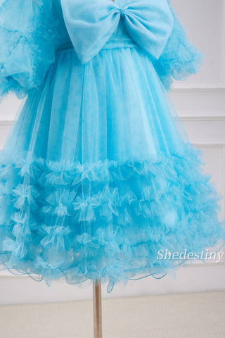 Puff Sleeves A-Line Ruffle Ice Blue Homecoming Dress