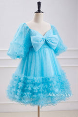 Puff Sleeves A-Line Ruffle Ice Blue Homecoming Dress Side