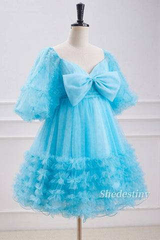 Puff Sleeves A-Line Ruffle Ice Blue Homecoming Dress Side