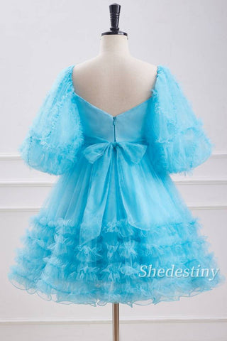back of Puff Sleeves A-Line Ruffle Ice Blue Homecoming Dress