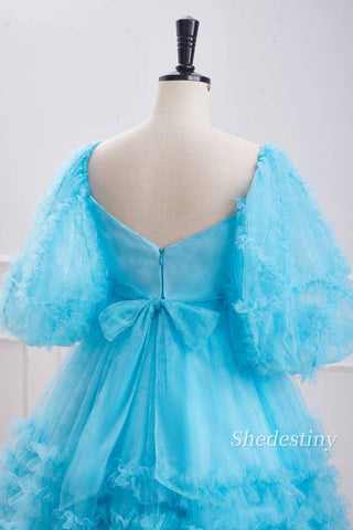 Puff Sleeves A-Line Ruffle Ice Blue Homecoming Dress