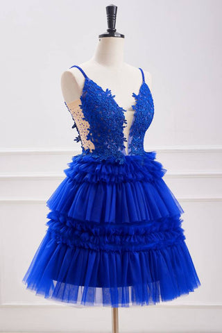 Royal Blue Applique A-Line Ruffle Homecoming Dress Side 