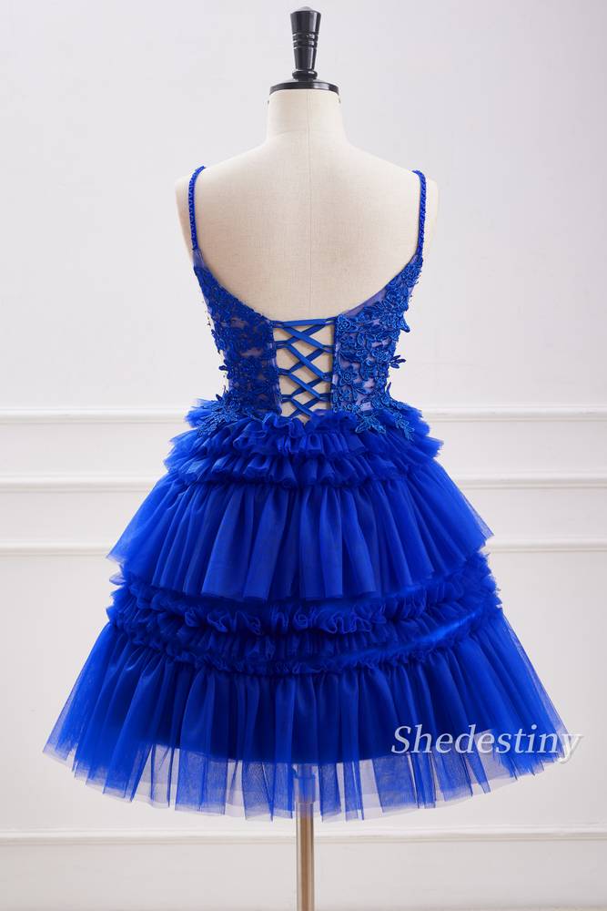 back ofRoyal Blue Applique A-Line Ruffle Homecoming Dress Side