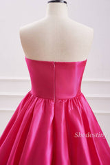 back of Strapless A-Line Pleat Fuchsia Homecoming Dress