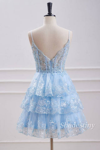 back of Sequins Sweetheart A-Line Light Blue Party Dress