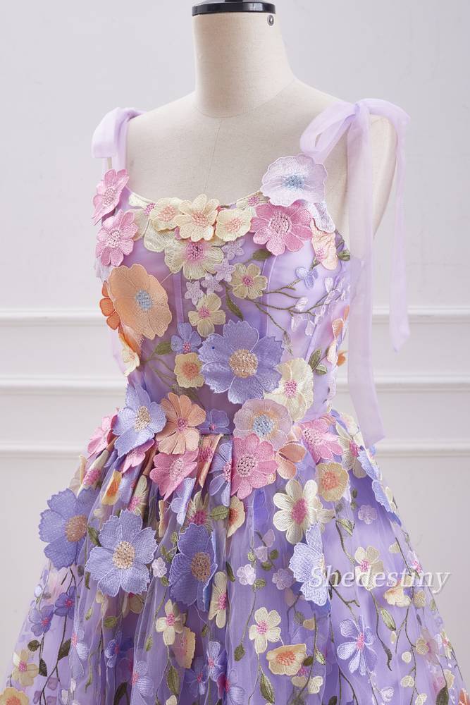 Lavender 3D Flower Print A-Line Lace Formal Dress