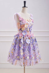 Lavender 3D Flower Print A-Line Lace Formal Dress Side