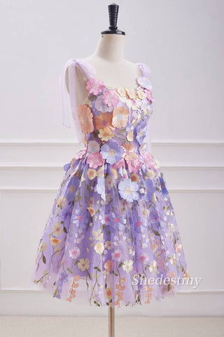 Lavender 3D Flower Print A-Line Lace Formal Dress Side