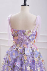 Lavender 3D Flower Print A-Line Lace Formal Dress