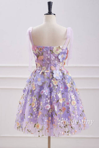 back of Lavender 3D Flower Print A-Line Lace Formal Dress