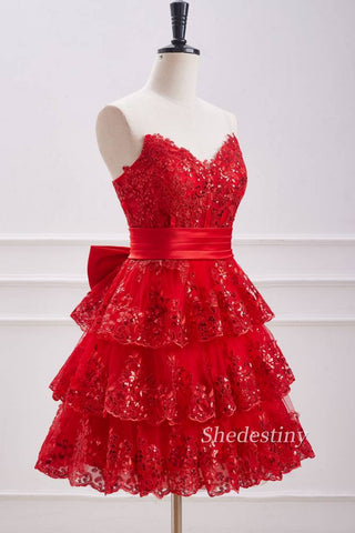 Red Sequins Strapless A-Line Homecoming Dress Side