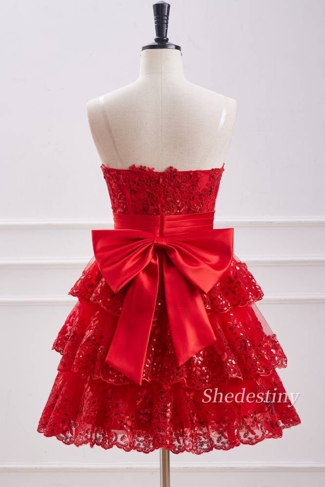 back of Red Sequins Strapless A-Line Homecoming Dress
