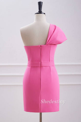 back of Hot Pink One-shoulder Sheath Homecoming Dress