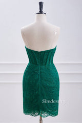 back of Hunter Green Strapless Sheath Short Homecoming Dress