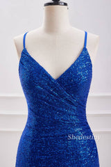 Royal Blue Sequins Cross Straps Bodycon Formal Dress