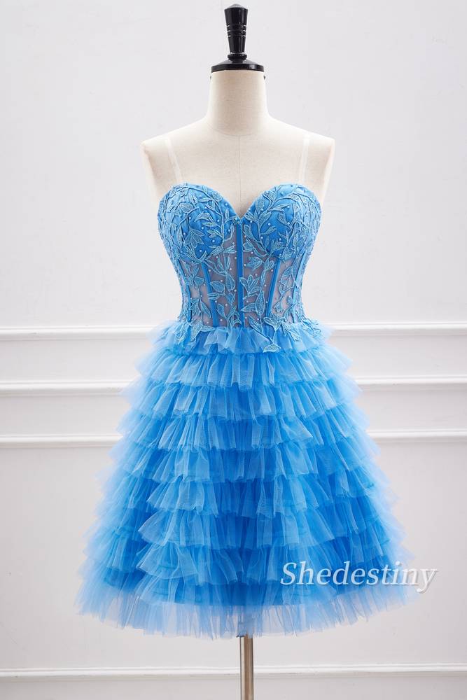 Blue Beaded Sweetheart A-Line Short Party Dress Front Side