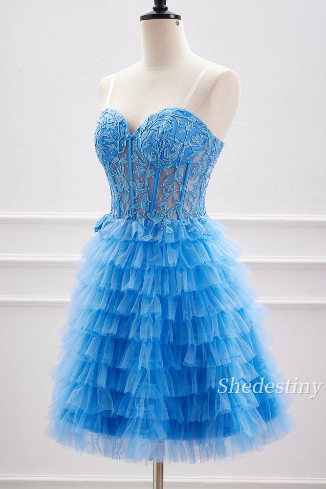 Blue Beaded Sweetheart A-Line Short Party Dress