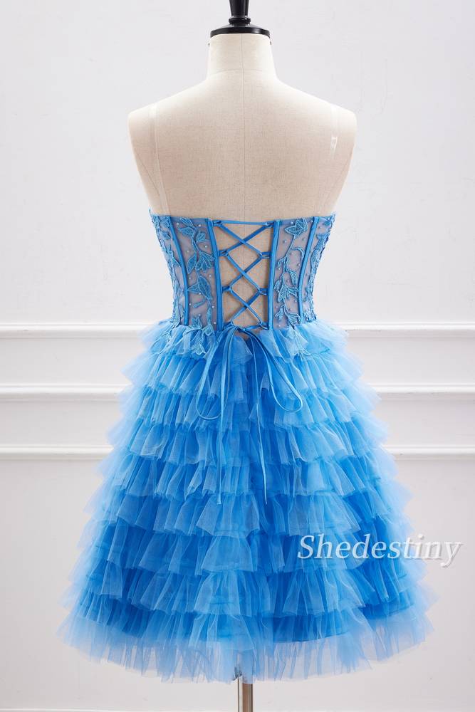 Blue Beaded Sweetheart A-Line Short Party Dress