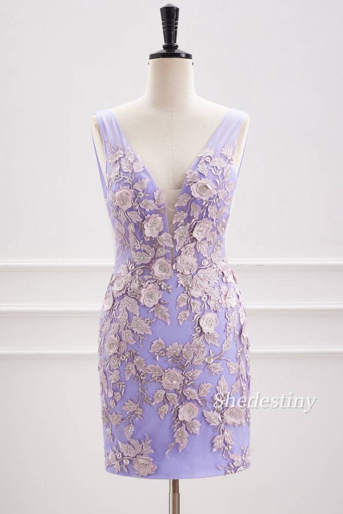 3D Floral Lavender V-Neck Bodycon Short Party Dress Front Side