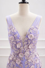 3D Floral Lavender V-Neck Bodycon Short Party Dress