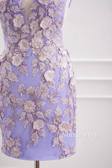 3D Floral Lavender V-Neck Bodycon Short Party Dress