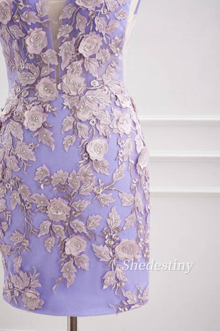 3D Floral Lavender V-Neck Bodycon Short Party Dress