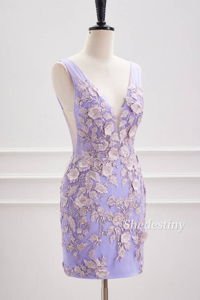 3D Floral Lavender V-Neck Bodycon Short Party Dress Side