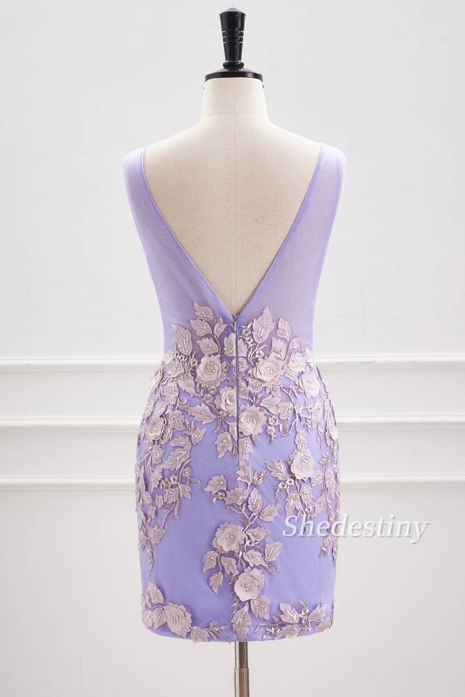 back of 3D Floral Lavender V-Neck Bodycon Short Party Dress