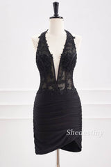 Black Halter Bodycon Short Homecoming Dress with Applique Front Side