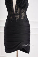 Black Halter Bodycon Short Homecoming Dress with Applique