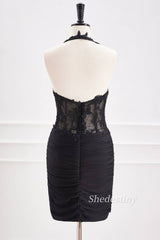 back of Black Halter Bodycon Short Homecoming Dress with Applique