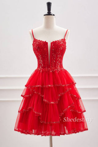 Red Sequins Spaghetti Straps A Line Homecoming Dress Front Side