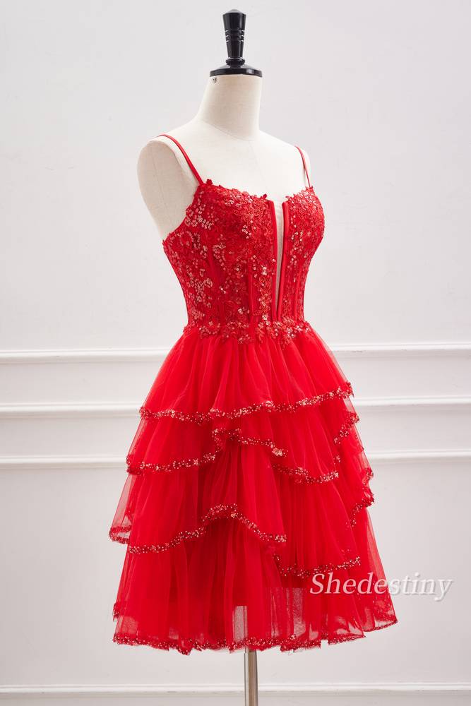 Red Sequins Spaghetti Straps A Line Homecoming Dress