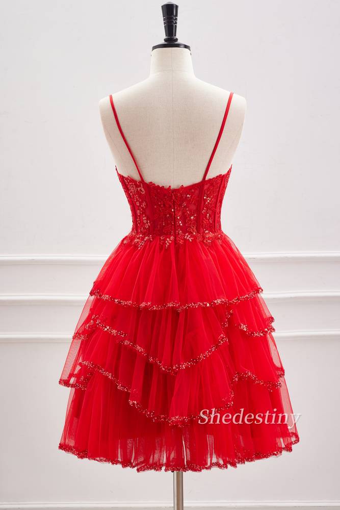 back of Red Sequins Spaghetti Straps A Line Homecoming Dress