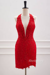 Red Plunging Neck Tight Homecoming Dress with Rhinestone Front Side