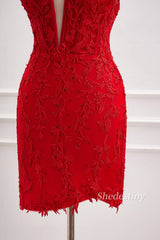 Red Plunging Neck Tight Homecoming Dress with Rhinestone