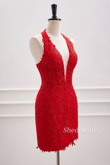 Red Plunging Neck Tight Homecoming Dress with Rhinestone