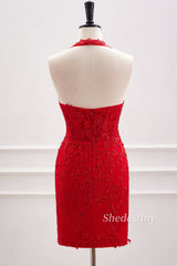 back of Red Plunging Neck Tight Homecoming Dress with Rhinestone