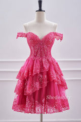 Fuchsia Sequins Off the Shoulder Short Homecoming Dress Front Side