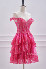 Fuchsia Sequins Off the Shoulder Short Homecoming Dress Side