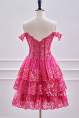 back of Fuchsia Sequins Off the Shoulder Short Homecoming Dress