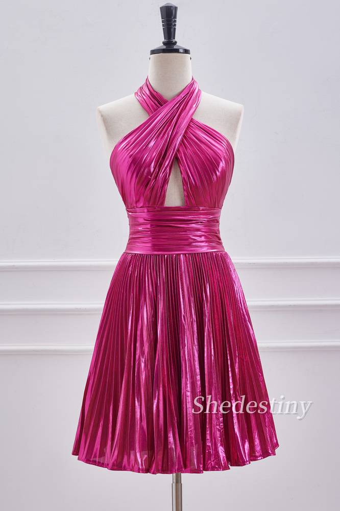 Fuchsia Metallic Halter A Line Short Homecoming Dress Front Side