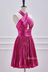 Kurzes Homecoming-Kleid in A-Linie mit Neckholder in Fuchsia-Metallic 