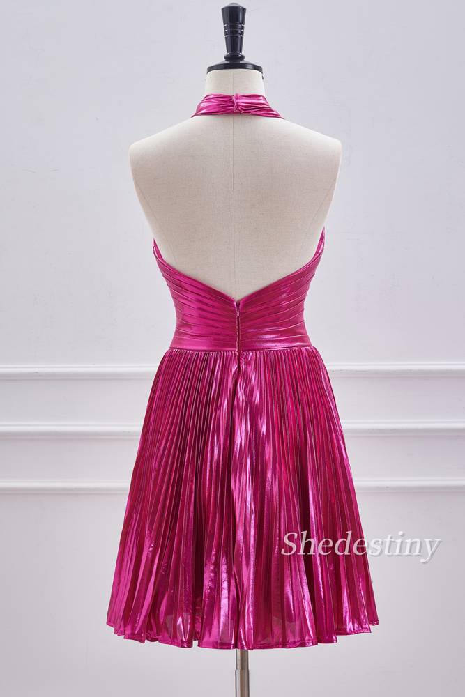 back of Fuchsia Metallic Halter A Line Short Homecoming Dress