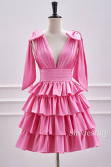 Cute Pink V-Neck A Line Short Party Dress Front Side