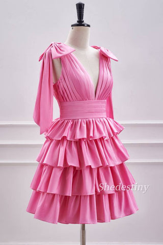 Cute Pink V-Neck A Line Short Party Dress Side